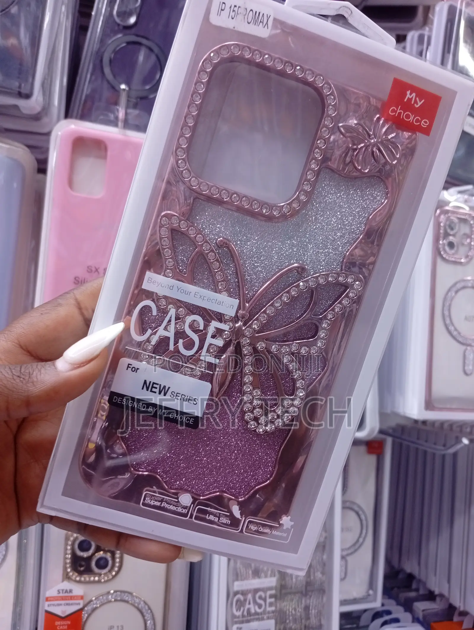 iPhone 15 Pro Max Glittery Pink Butterfly-Themed Phone Case