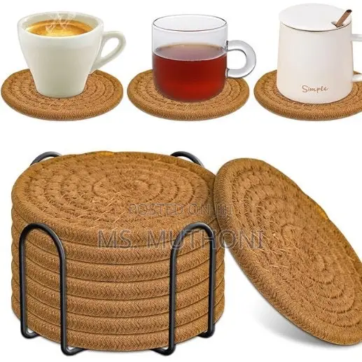 8pcs Absorbent Cotton Woven Drink Coasters With Metal Stand Holder