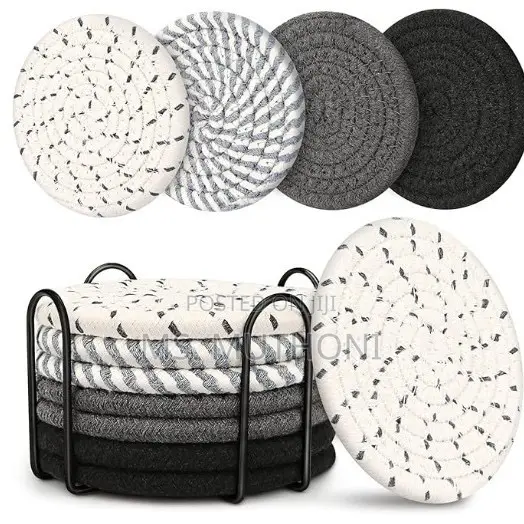 8pcs Absorbent Cotton Woven Drink Coasters With Metal Stand Holder