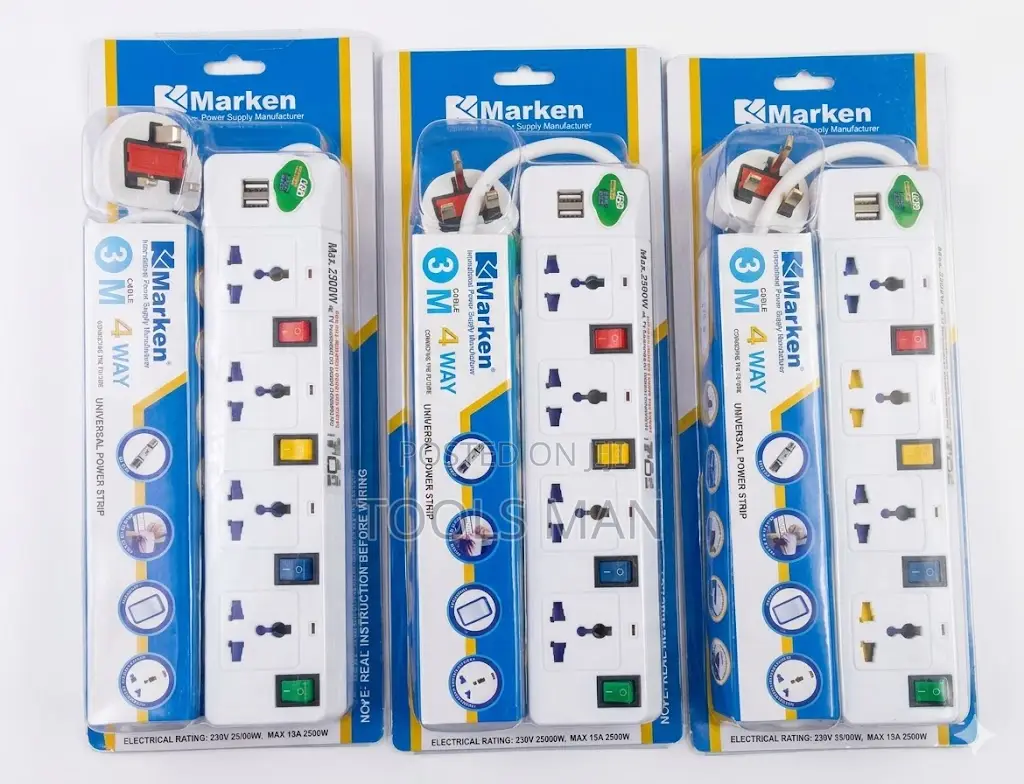 Marken 4-Way Universal Power Strip/Extension - 2 Usb Ports, 3m Cable