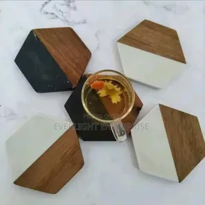 6 in 1 Hexagon White Marble and Wood Coaster