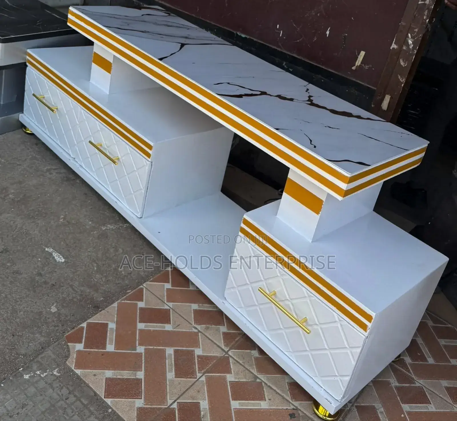Executive Tv Stand With Marble Coating Effect and Led Light
