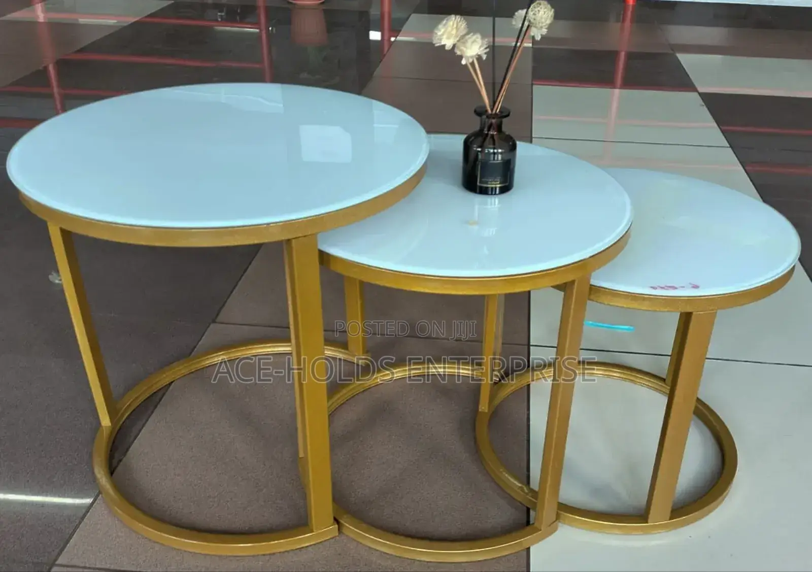 3 in 1 Executive Glass Effect Marble Table - Gold Stand