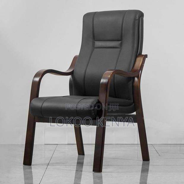 Office Chair; Mahogany Armrests Leather Non Swivel Guest Chair