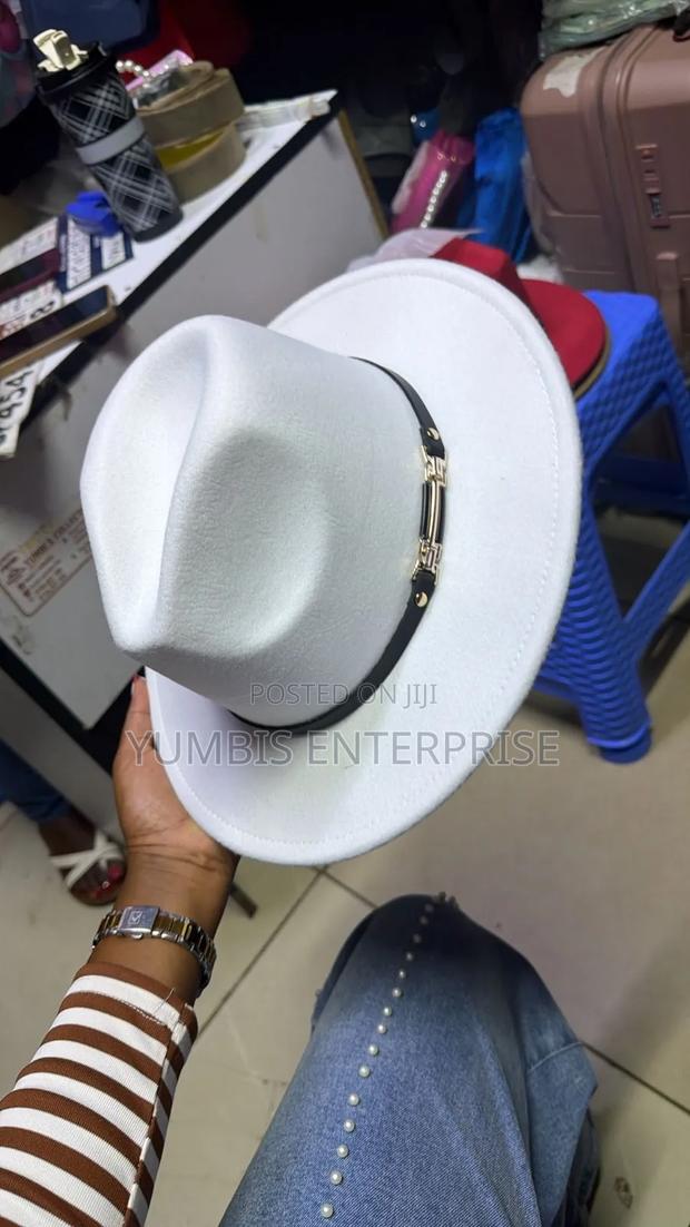 Stylish Wide Brim Fedora Hat in White With a Detailed Band - main view