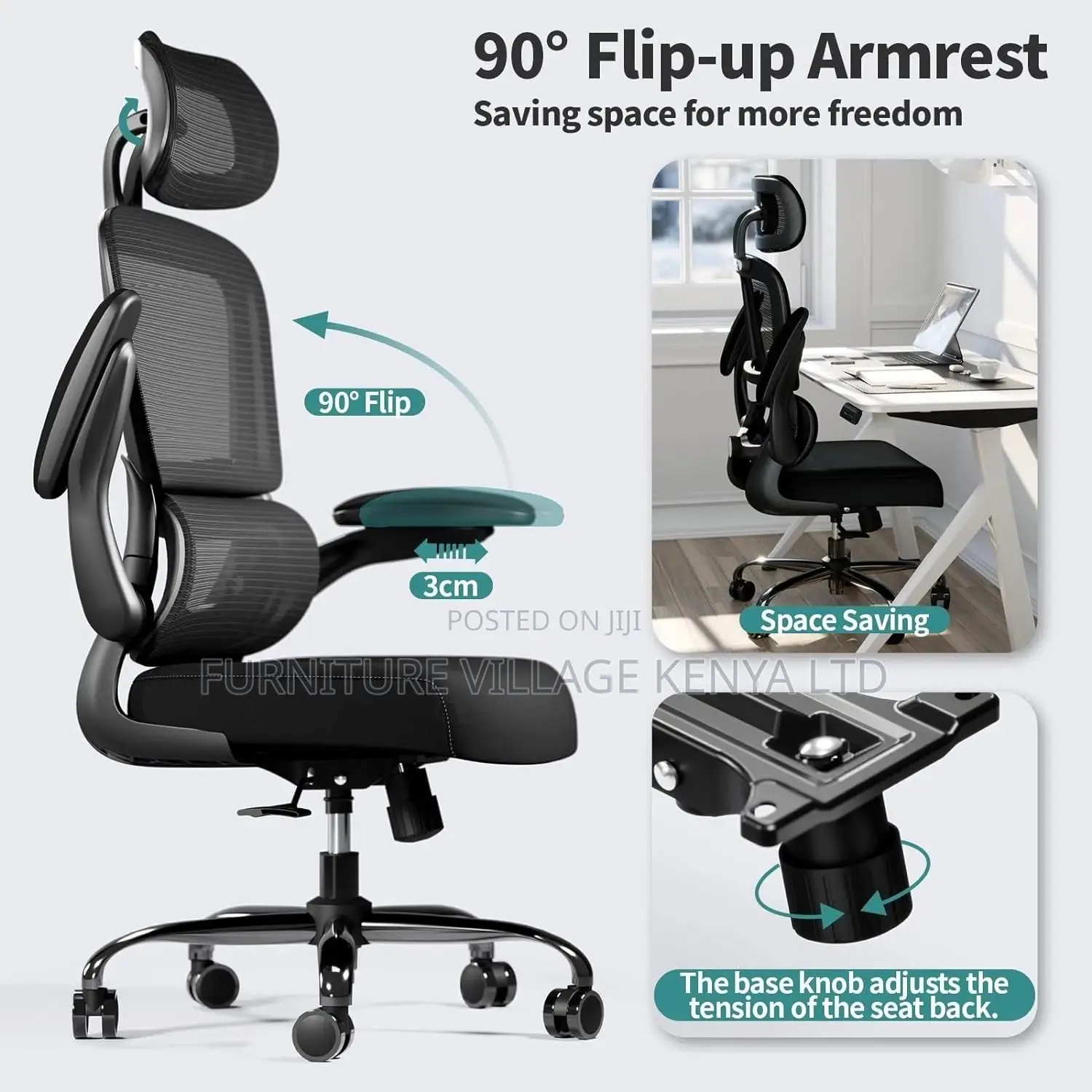 Black Comfort Office Seat With Folding Arm Supports