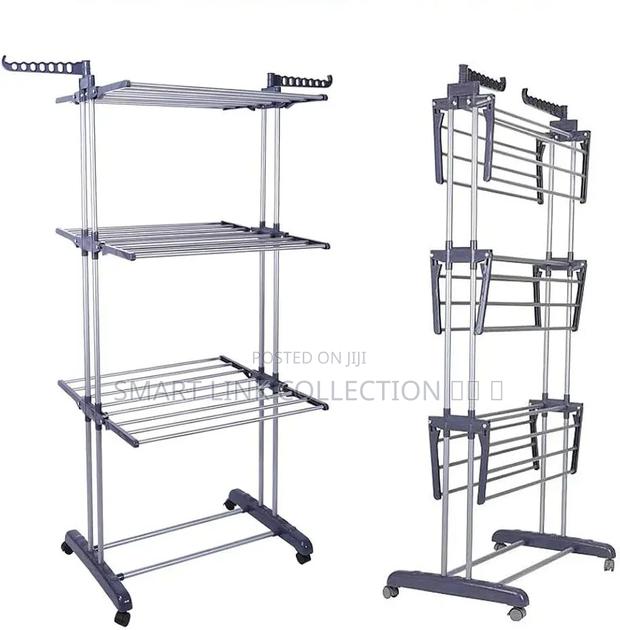 Multifunctional Adjustable Metal Folding 3-Tier Drying Rack With Hooks - thumbnail 2