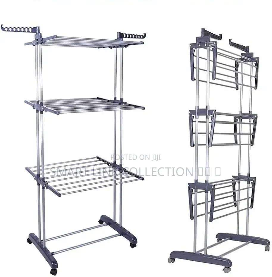 Multifunctional Adjustable Metal Folding 3-Tier Drying Rack With Hooks