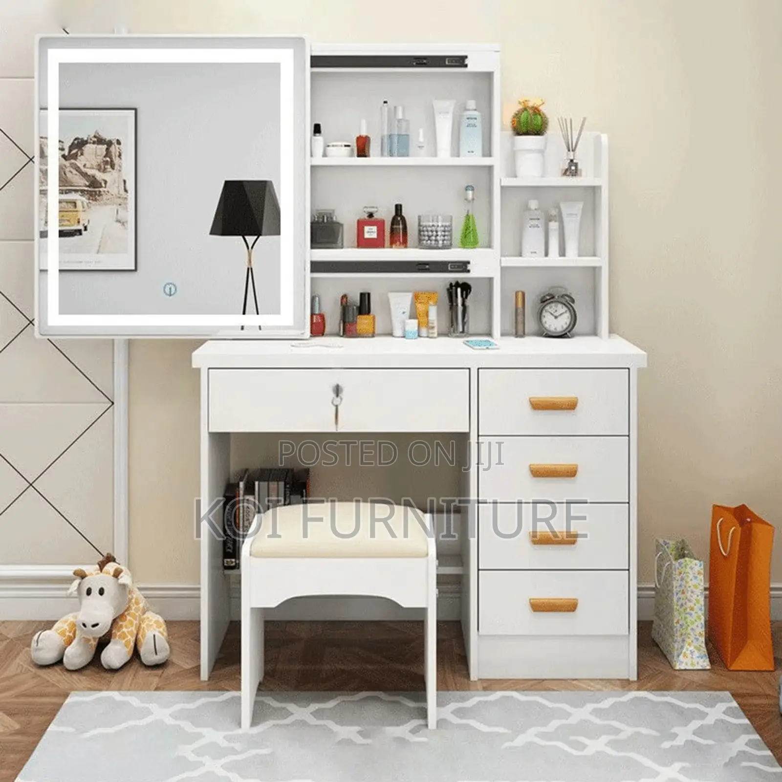 Dressers; White Elegant Vanity Dressing Room Vanity Set