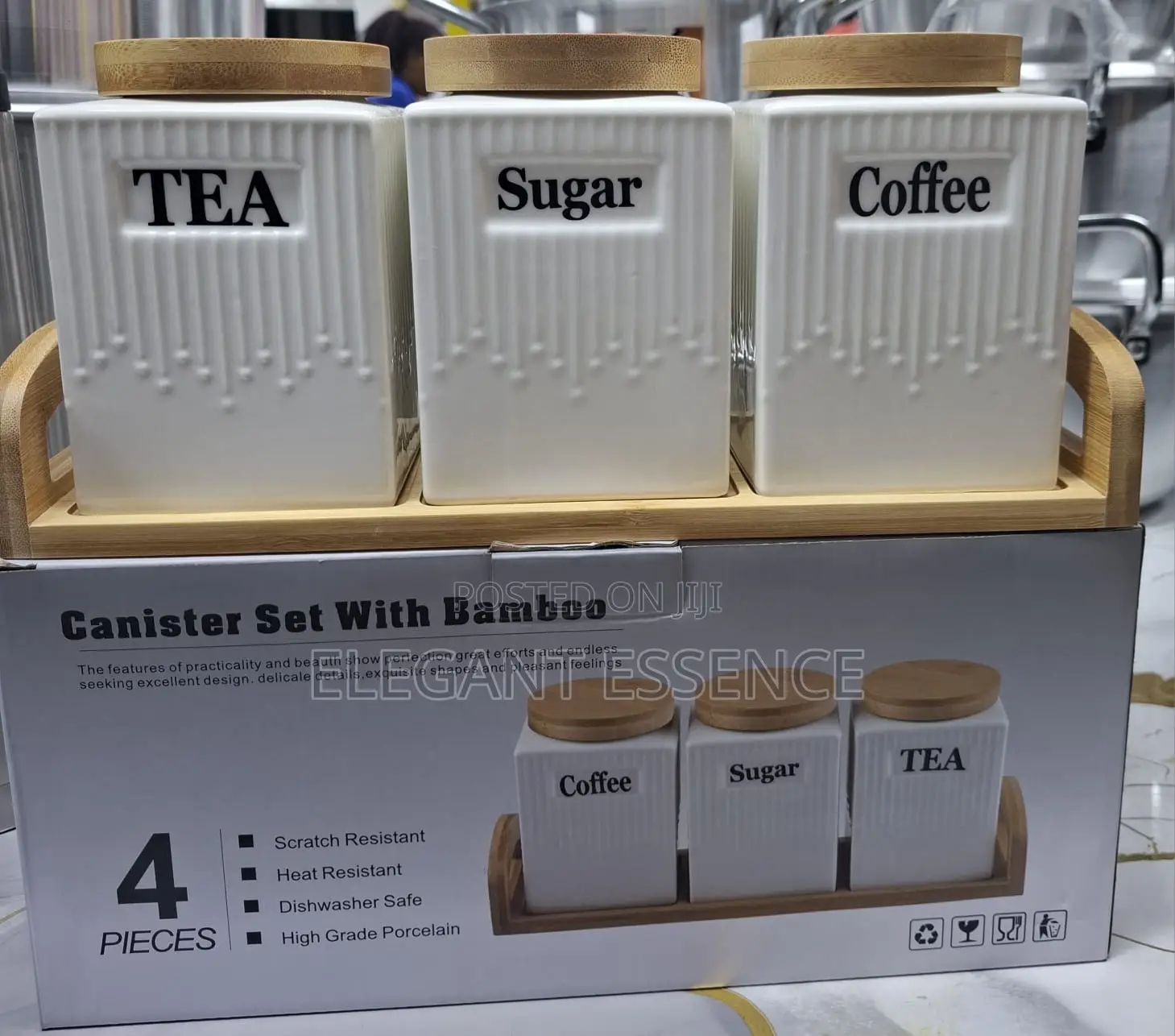 3pc Ceramic Canister Set With Bamboo Lids Tray