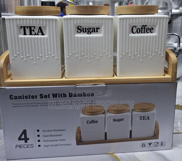 3pc Ceramic Canister Set With Bamboo Lids Tray