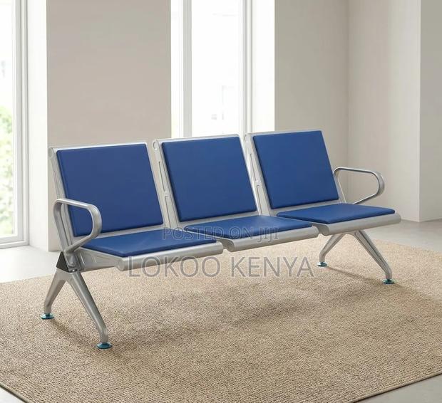Bench; 3 Link Blue Padded Waiting Bench With Arms