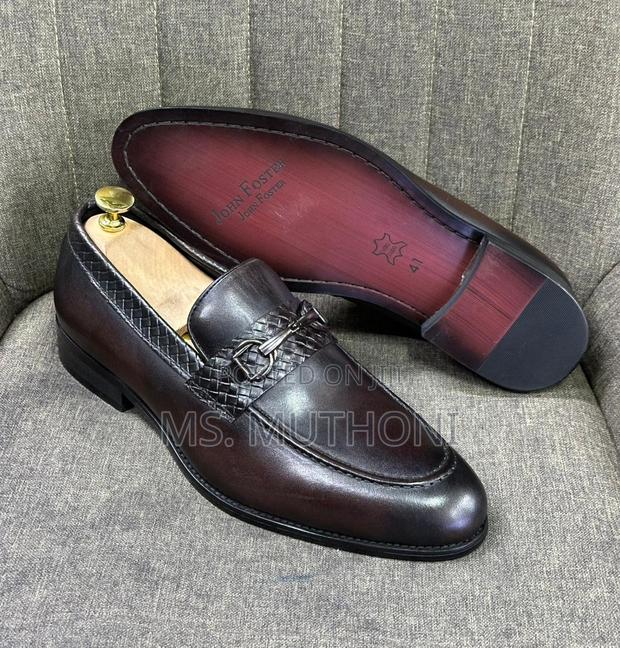 Men's Brown Leather John Foster Loafers Ft a Woven Texture Design - thumbnail 2