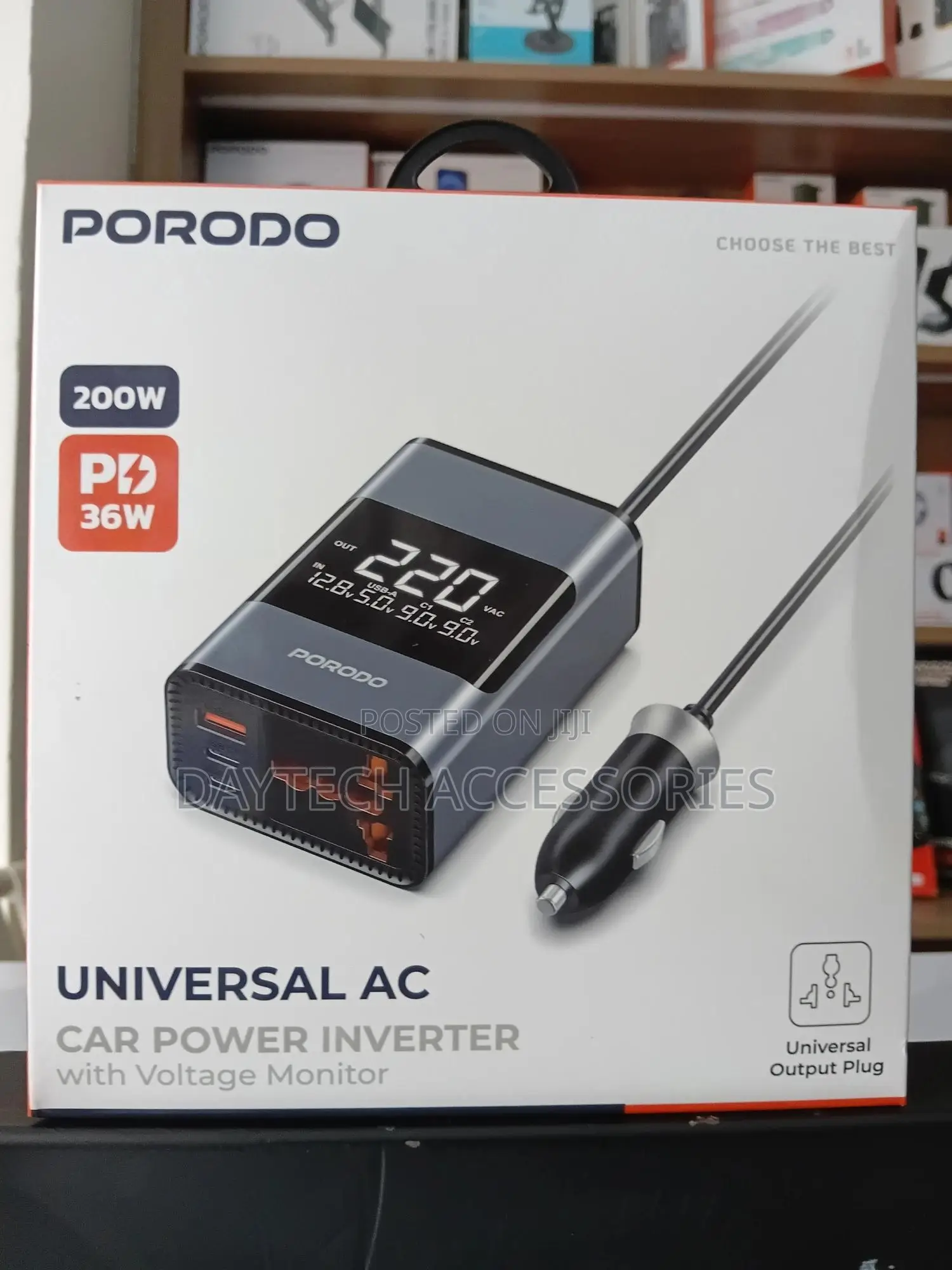 Porodo Universal Ac Car Power Inverter With Voltage Monitor.
