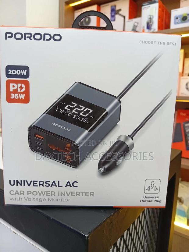 Porodo Universal Car Power Inverter 200w,Car Charger Voltage Monitor