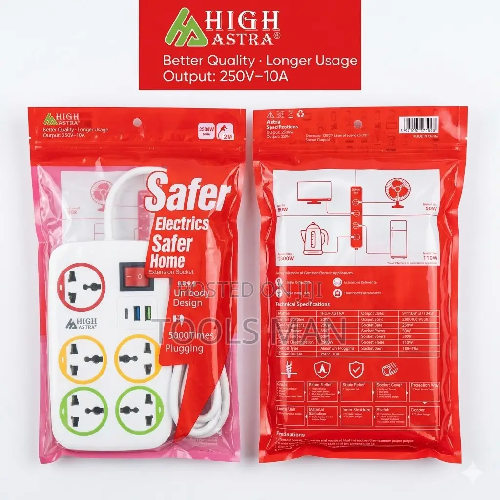 High Astra 6-Way Extension Socket: 2500w, 3 Usb + Type-C, 3m Cable