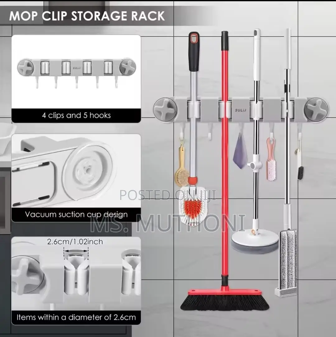 Organizer Designed for Mops, Brooms, and Other Cleaning Accessories.