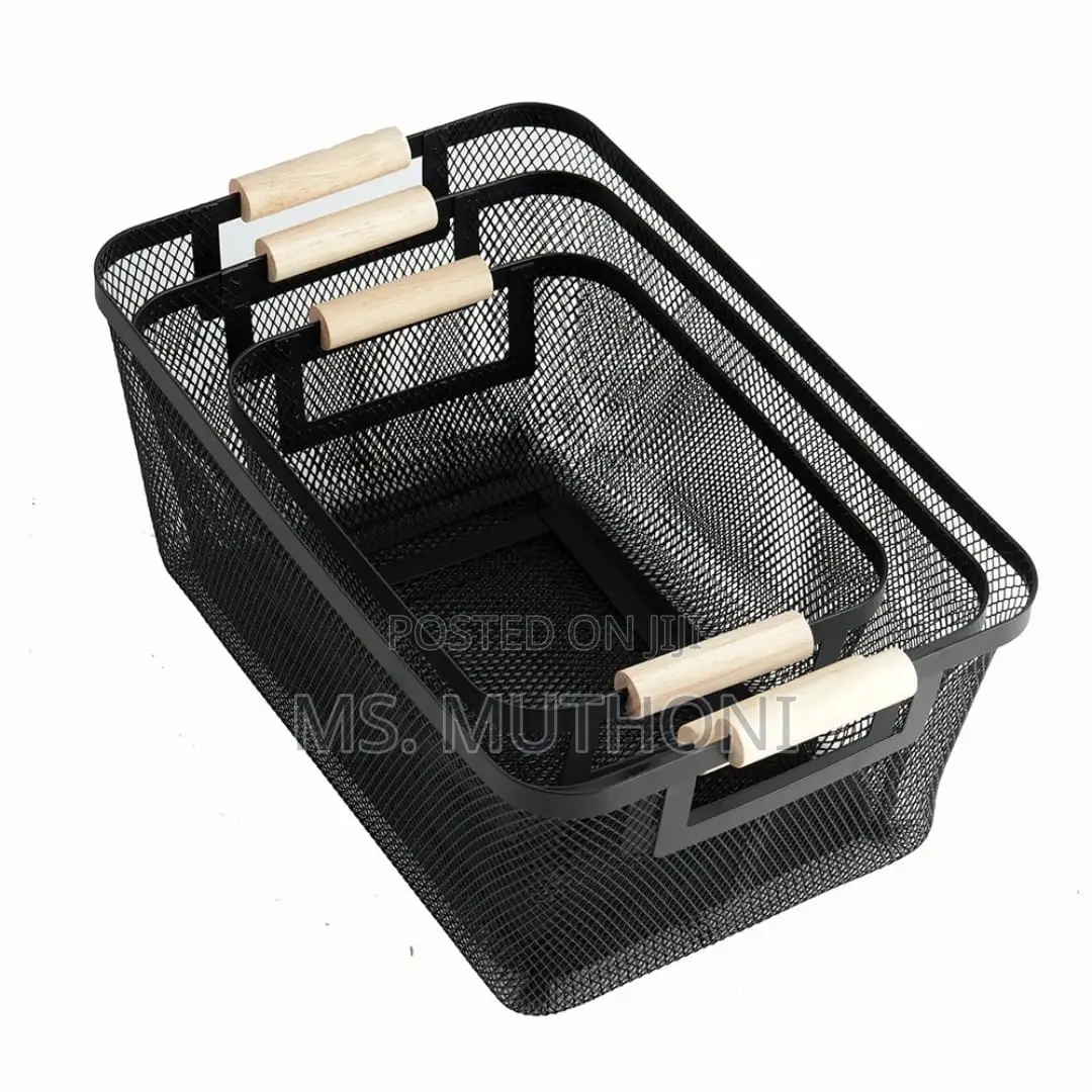 3 Pc Portable Modern Rectangular Metal Pantry With Wooden Handle