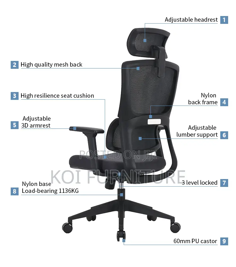 Office Chairs; Swivel Adjustable Headrest High-Back Mesh Chair