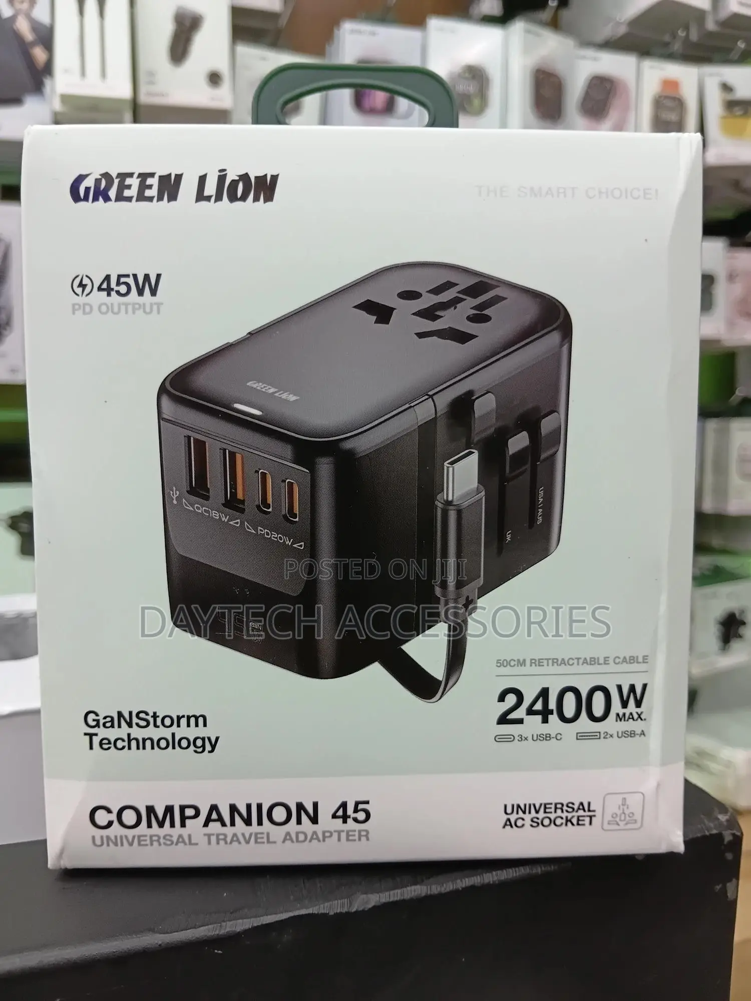 Green Lion Companion 45 Universal Travel Adapter With Type C Cable.