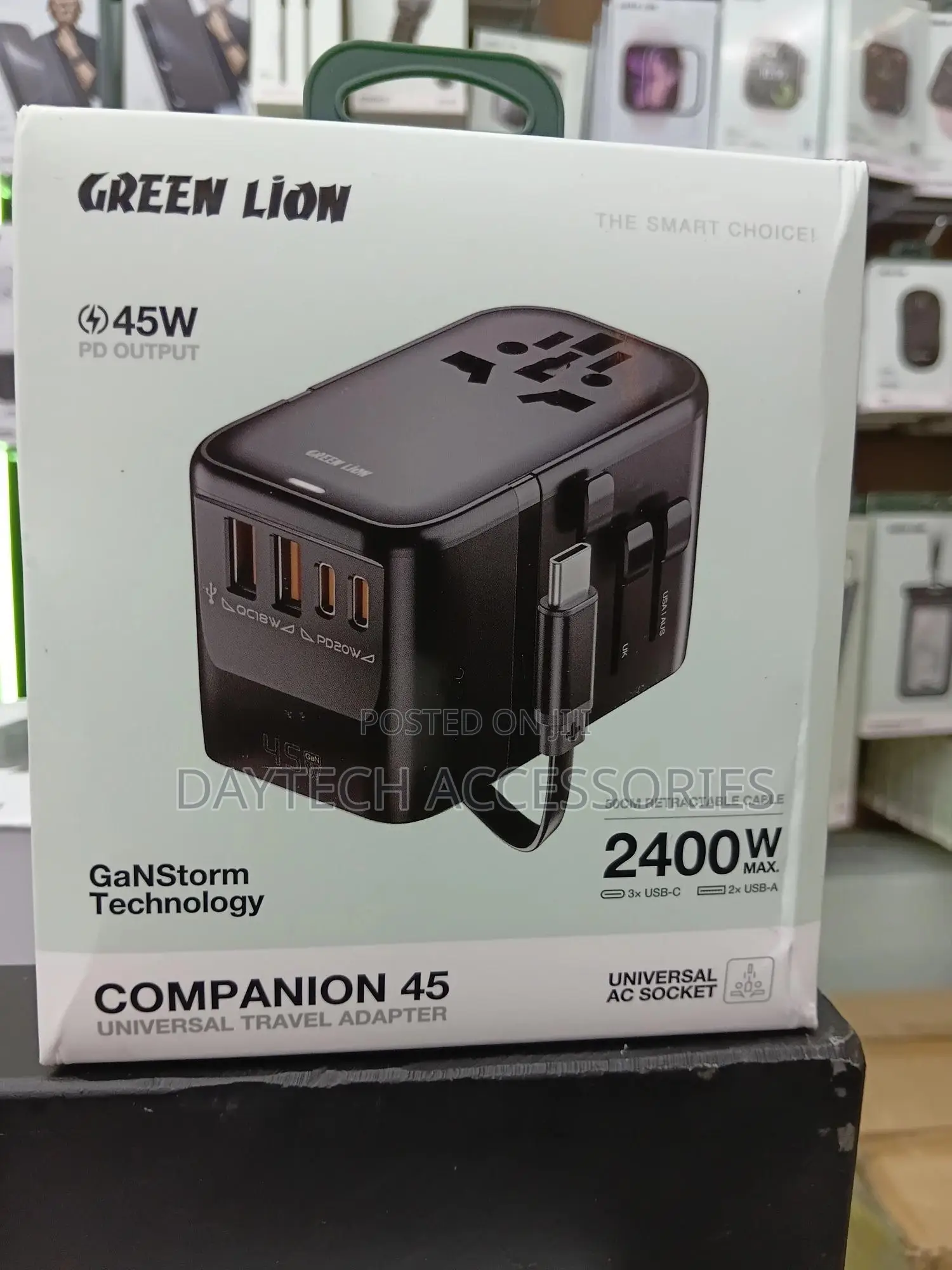 Green Lion Companion 45 Universal Travel Adapter With Type C Cable.