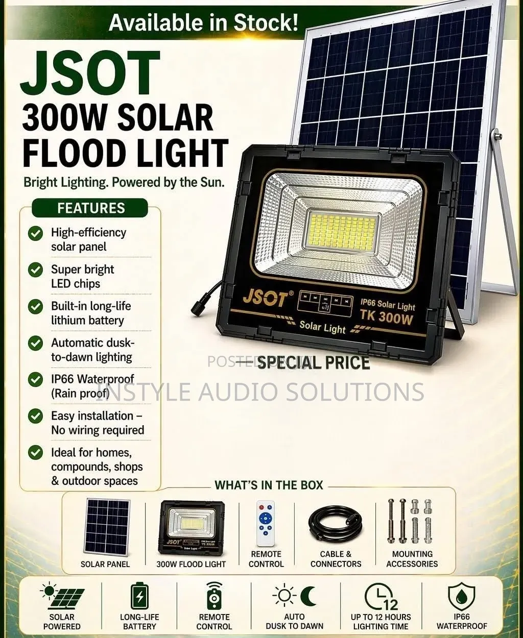 300 Solar Floodlight Ip Auto Sensor Upto 12 Hours Lighting Time
