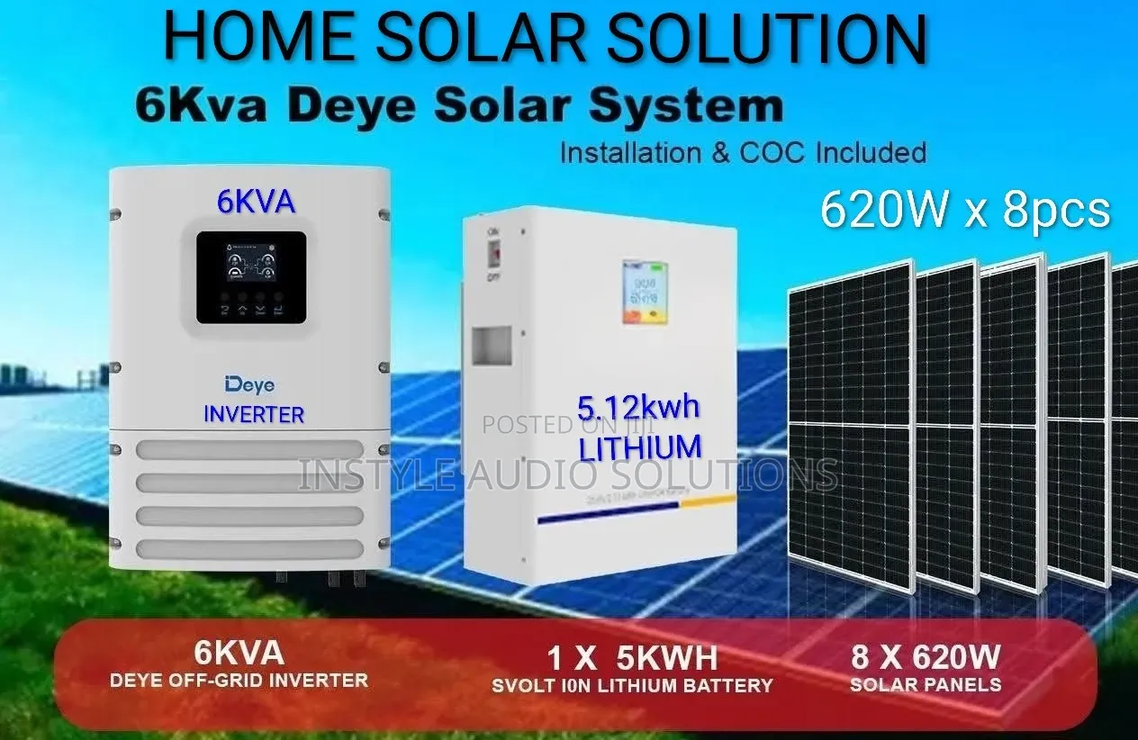 Deye 6kw - 5.12kwh Lithium Battery - (8)620w Bifacial Solar Package