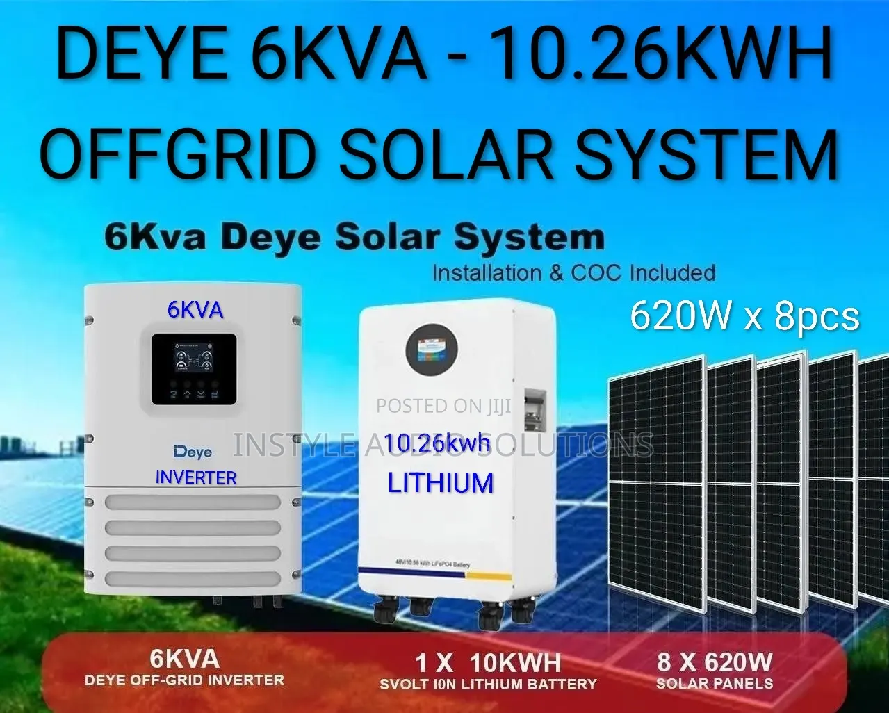 Deye 6kw - 10.26kwh Lithium Offgrid System - (8)620w Solar Panels Kit