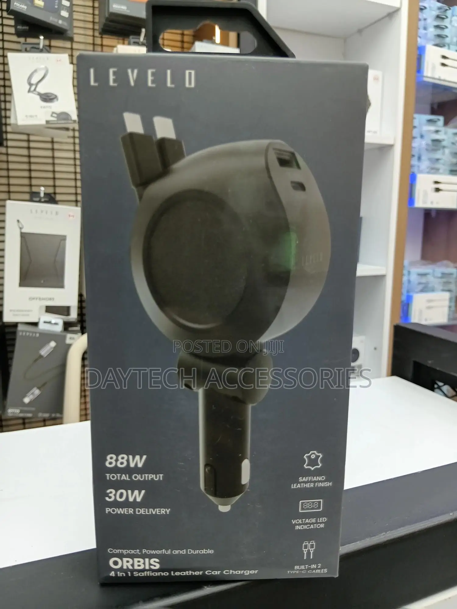 This Is a Levelo Orbis 4-in-1 Saffiano Leather Car Charger.