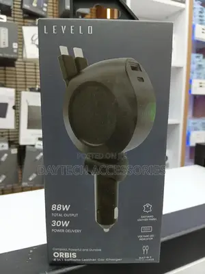 Levelo Orbis 4-in-1 88w Car Charger With Dual Retractable Cables.