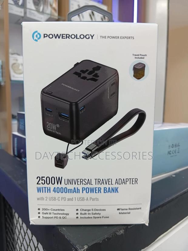 Powerology 2500w Universal Travel Adapter With a 4000mah Power Bank.