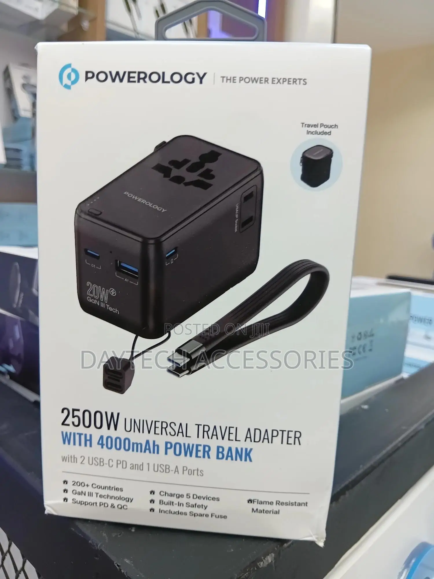 Powerology 2500w Universal Travel Adapter With a 4000mah Power Bank.