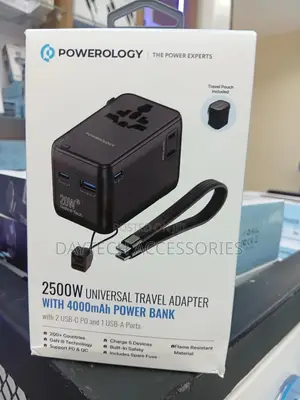 Powerology 2500w Universal Travel Adapter With a 4000mah Power Bank.