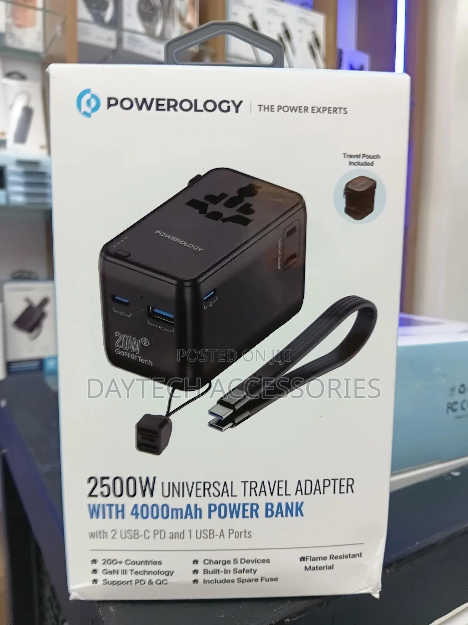 Powerology 2500w Universal Travel Adapter With a 4000mah Power Bank.