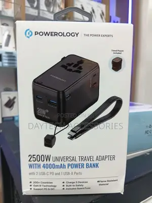 Powerology 2500w Universal Travel Adapter With a 4000mah Power Bank.