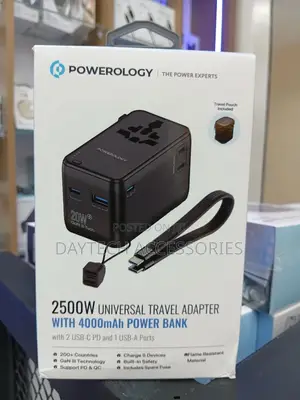 Powerology 2500w Travel Adapter With 4000mah Power Bank - Black