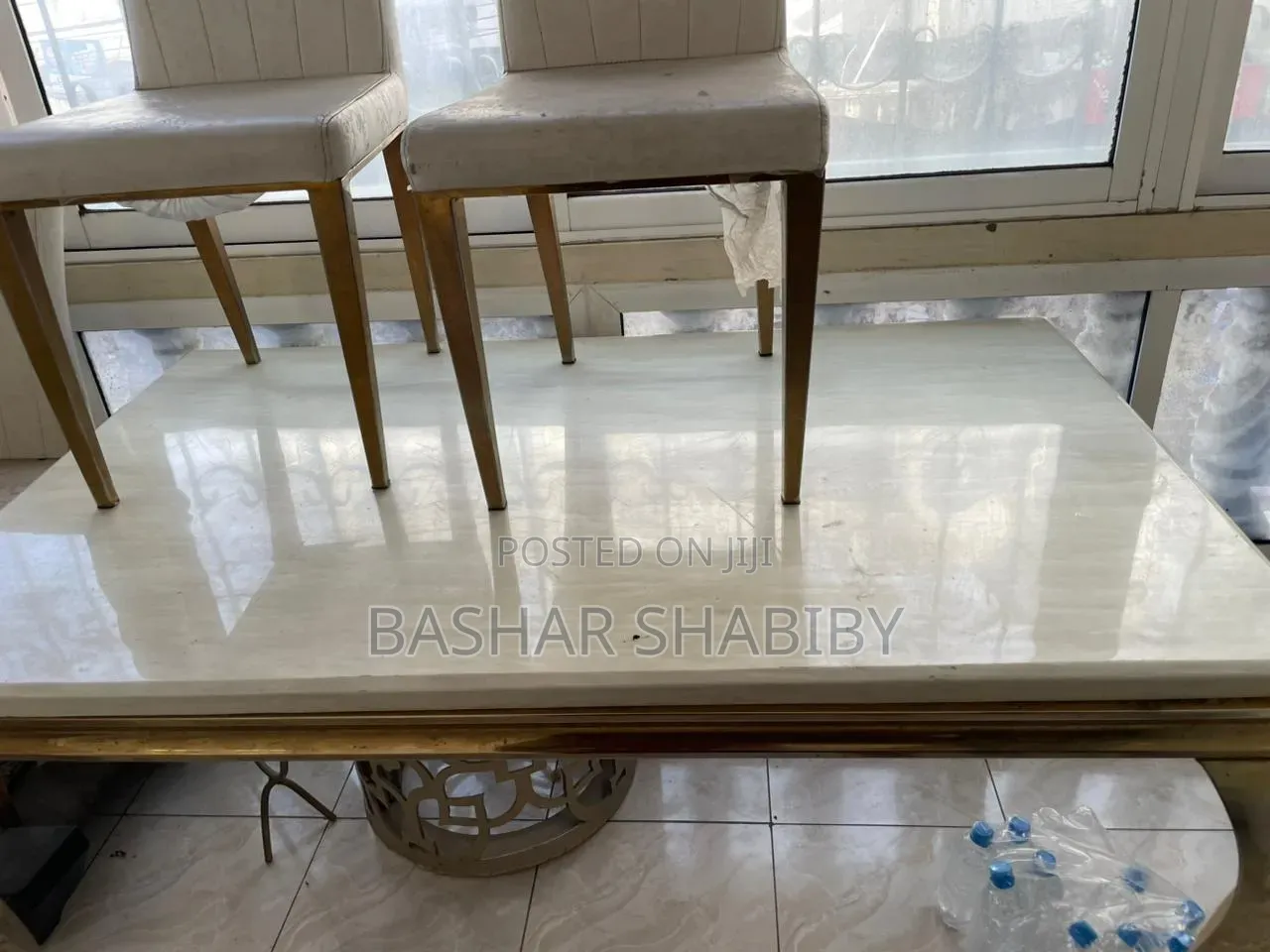 Cream Gold Marble Dining Table With Cream Velvet Dining Chairs