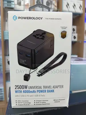 Powerology 2500w Travel Adapter With 4000mah Power Bank - Black