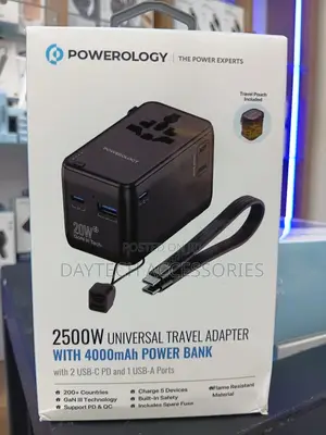 Powerology 2500w Travel Adapter With 4000mah Power Bank (Pwc054bk).