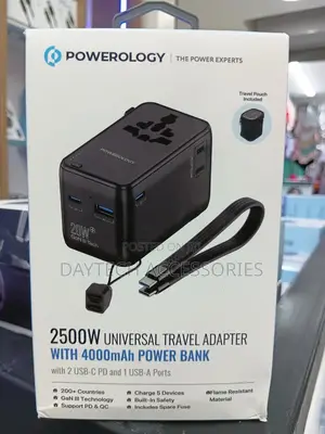 Powerology 2500w Travel Adapter With 4000mah Power Bank (Pwc054bk).