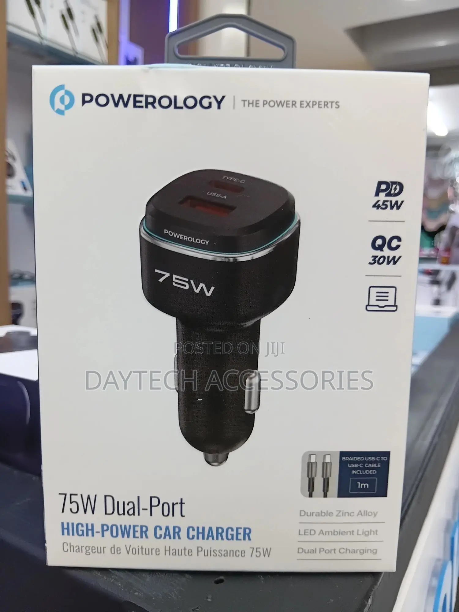 Powerology 75w Dual-Port High-Power Car Charger Adapter - Black