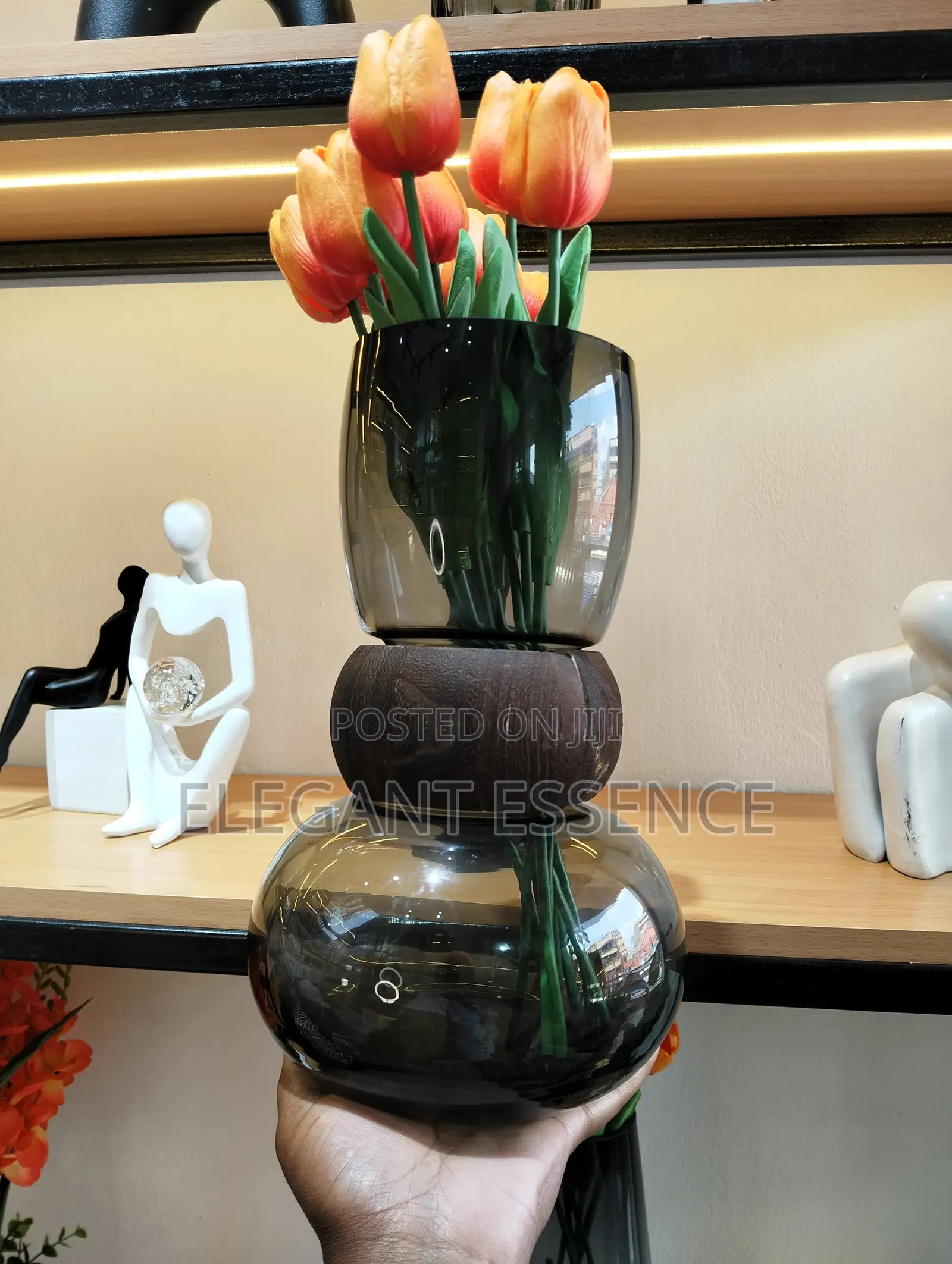 Nordic Modern Creative Dark Glass Vase With a Wooden Ring Size : 28cm
