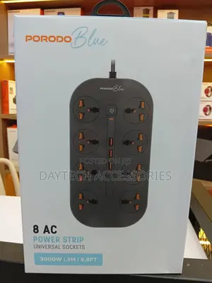Porodo Blue 8 Ac Power Socket With X1 Usb-c X3 Usb-a Port Uk (3m Wire)