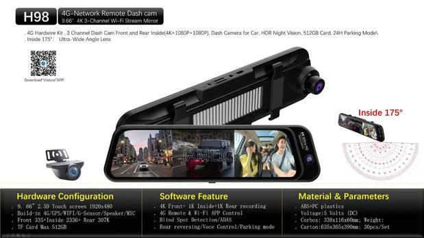 9.66 Inch 4g Mirror Dash Camera – 3 Channel - main view