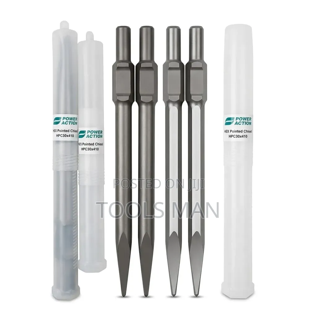 Power Action 30mm Hex Pointed Chisel Bit for Demolition Hammer.