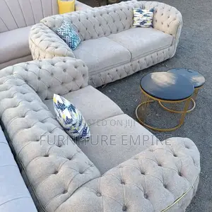 Light Grey Tufted Sofa Set With Rounded Arms