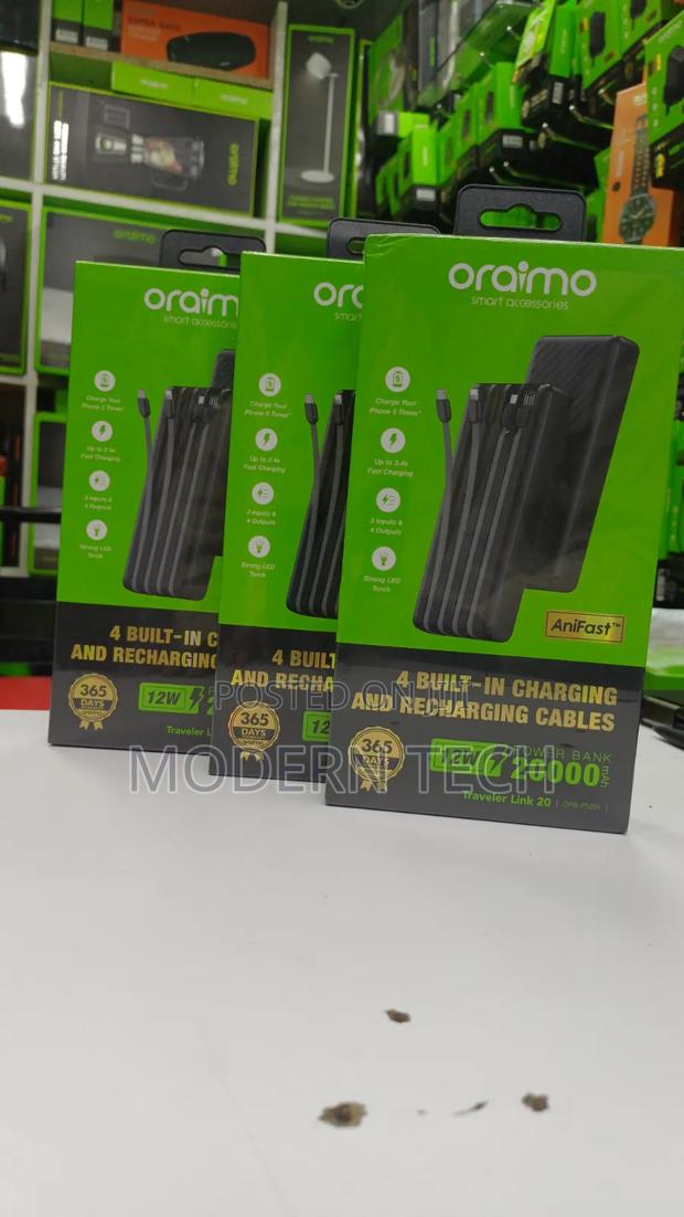 Oraimo Traveler Link 20 – 20000mah With 4 Outputs Built-in Cables