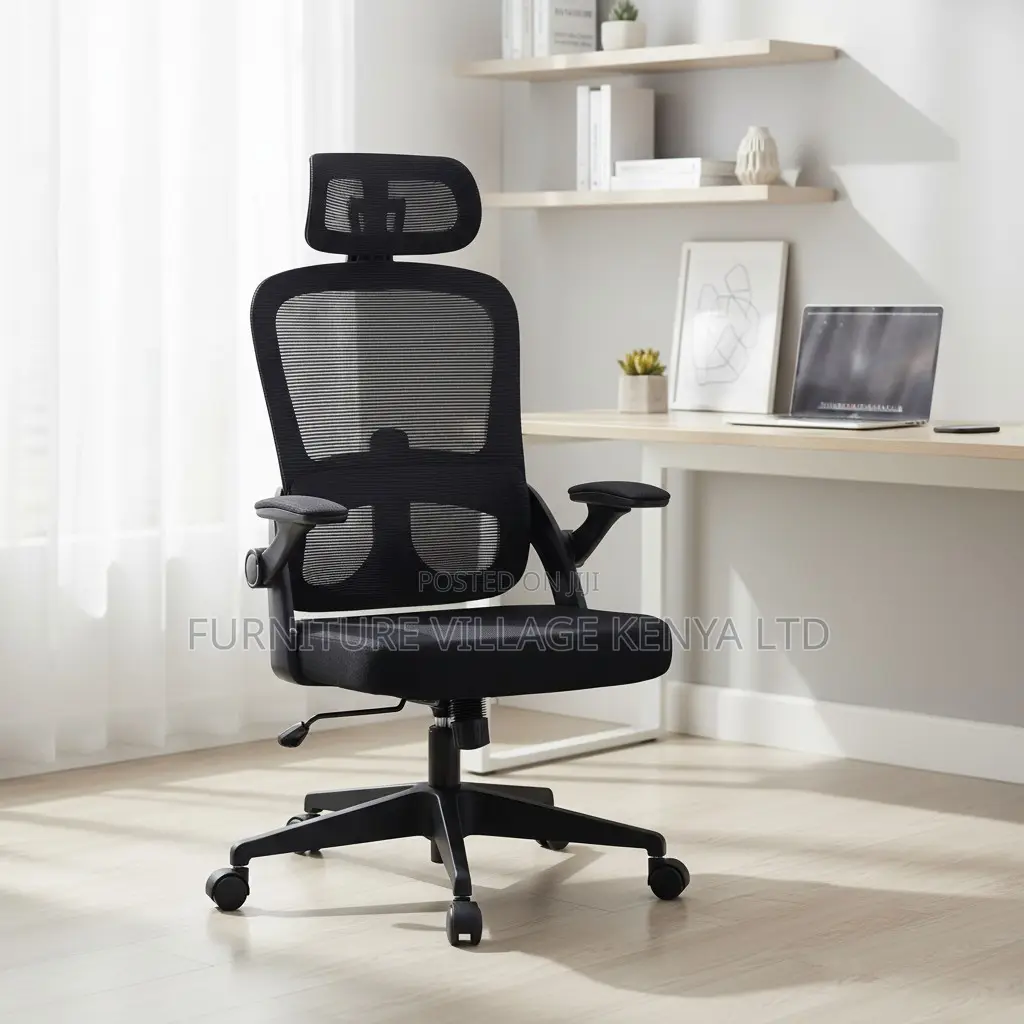 Ergonomic Black High-Back Mesh Chair With Flip Arms