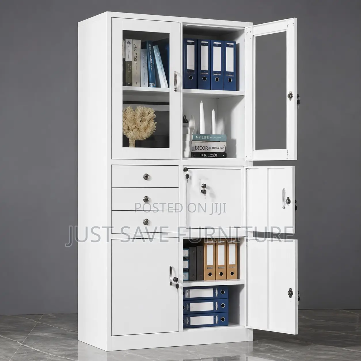 Glass Door Office Storage Cabinet With Drawers Lockable Sections