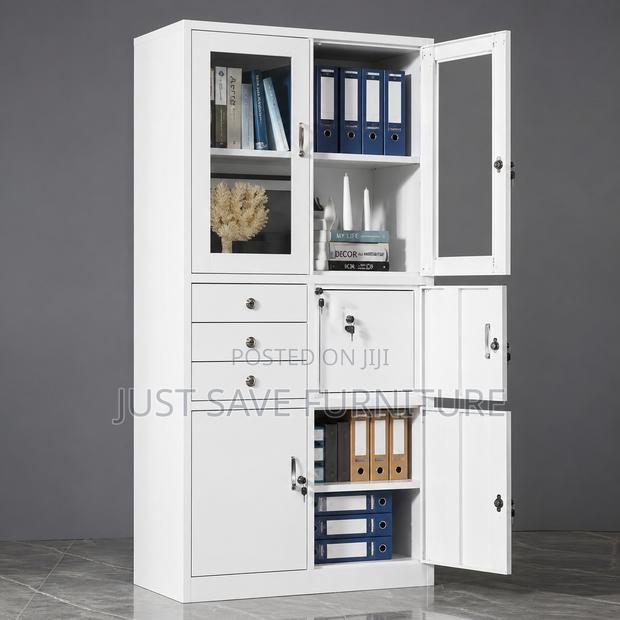 Glass Door Office Storage Cabinet With Drawers Lockable Sections